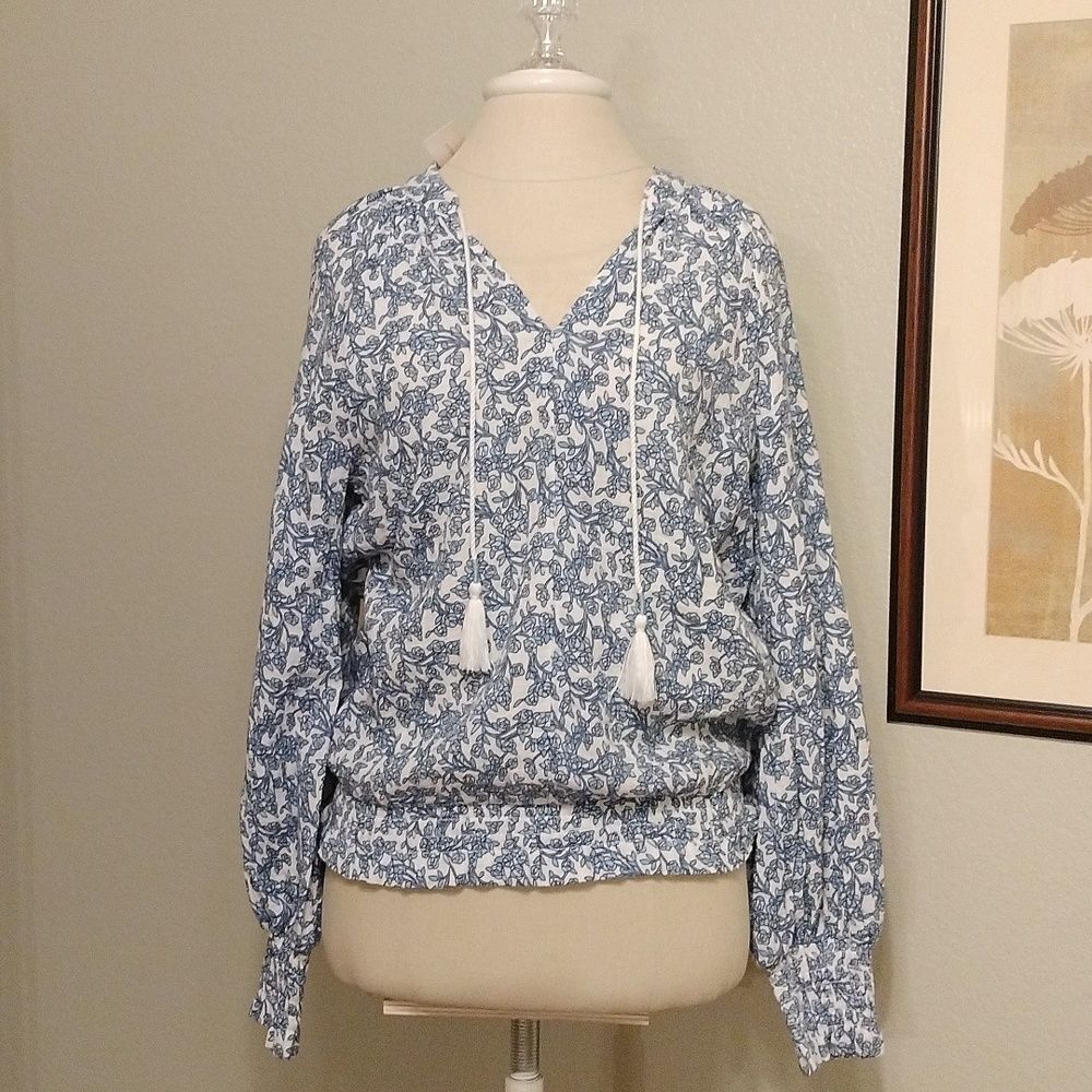 Anthropologie Porridge Elisabeth Peasant Top Sz S Balloon Sleeves NEW Blue White
